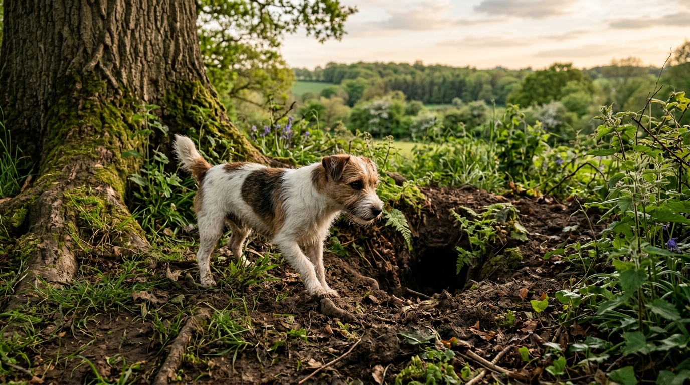 Un Parson Russell Terrier au bord d'un terrier de blaireau dans la campagne anglaise