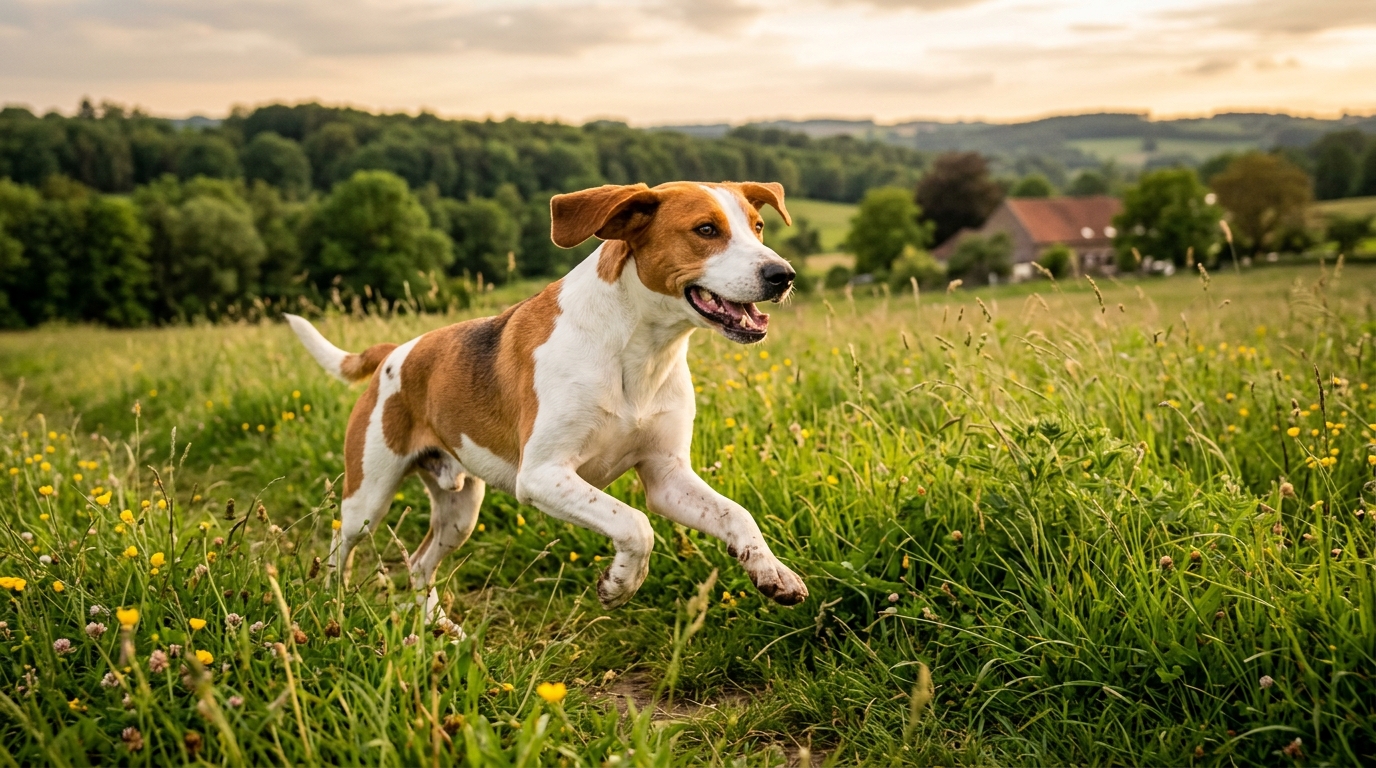 Un chien de race Courant Suisse gambade joyeusement dans une prairie verdoyante sous un ciel doux.