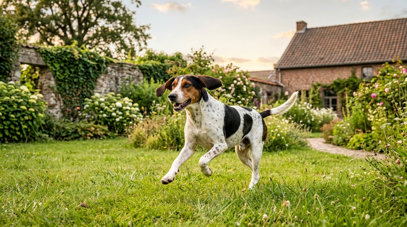 Un chien de chasse Courant Suisse gambadant joyeusement dans un jardin verdoyant.