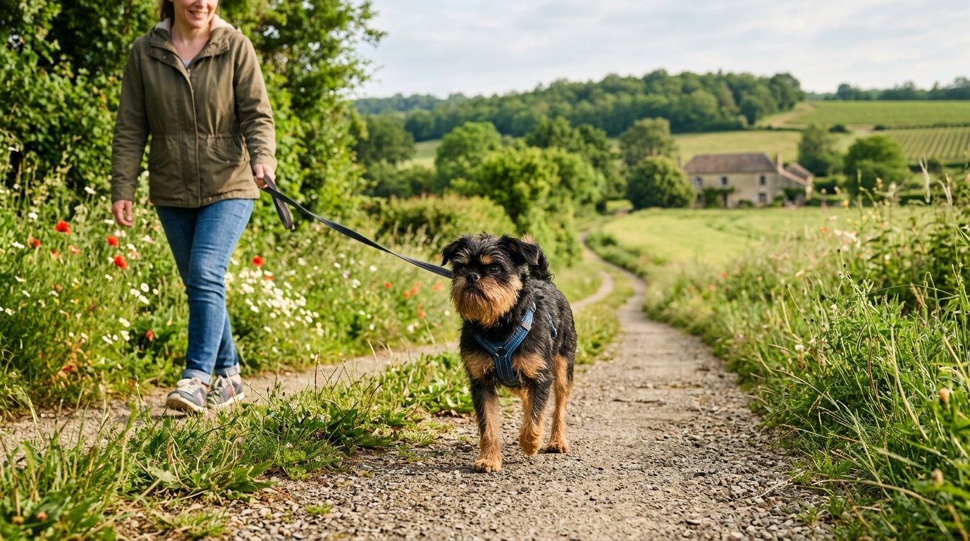 Un petit chien bicolore marche calmement en laisse sur un sentier verdoyant.