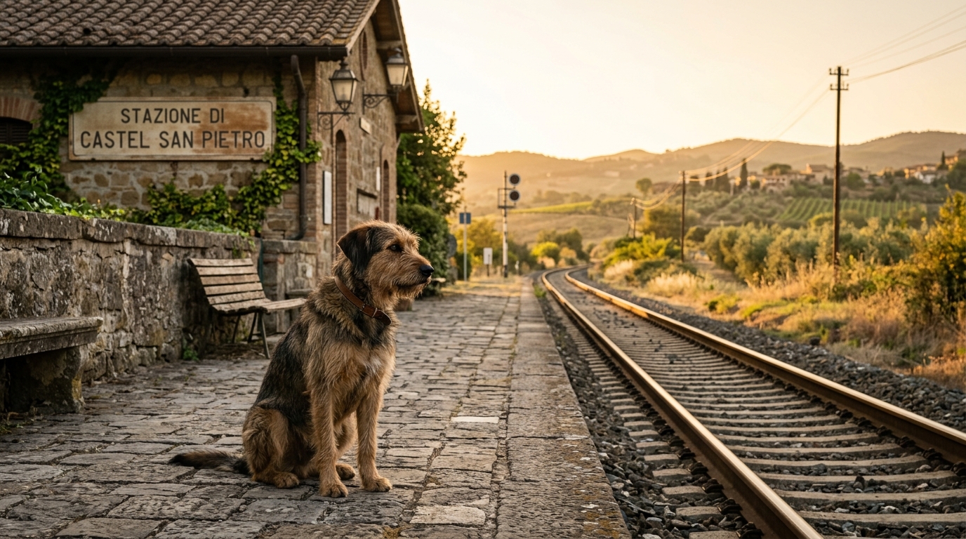 Un chien métis à l'air triste assis seul sur le quai d'une gare italienne