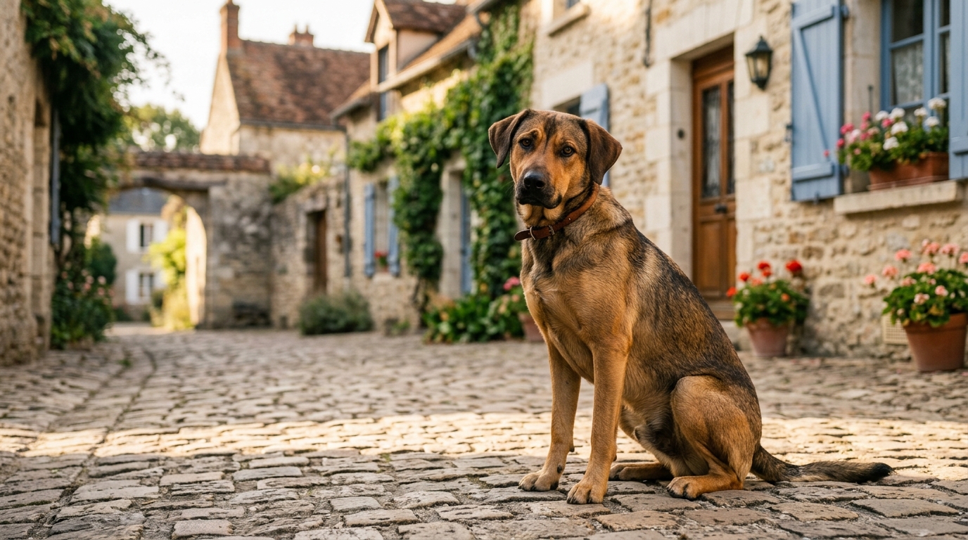 Illustration d'un chien de race rare observant un village français tranquille.