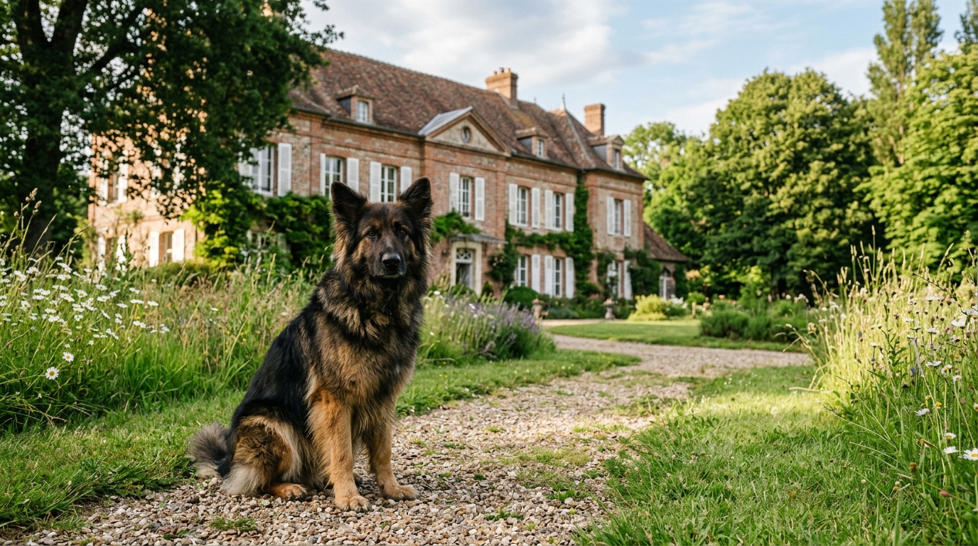 Un chien de berger assis dans le jardin d'un domaine campagnard
