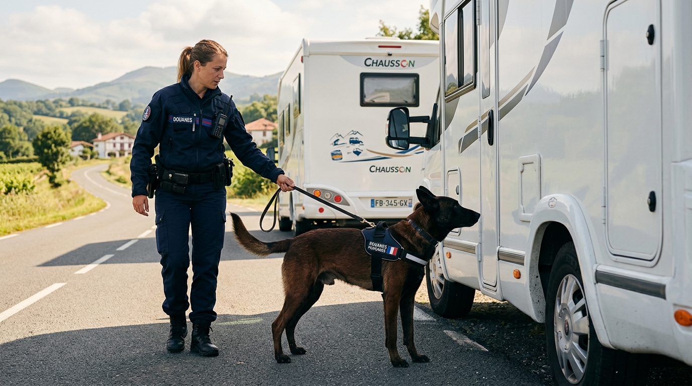 Un chien des douanes françaises attentif près d'un véhicule lors d'un contrôle au Pays Basque.