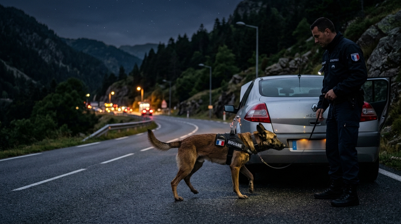 Un chien de la douane française inspectant un véhicule lors d'un contrôle routier de nuit.