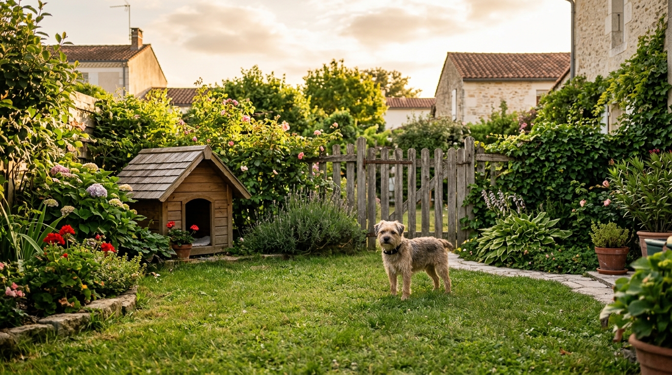 Illustration d'un chien observant un enclos dans un jardin verdoyant.