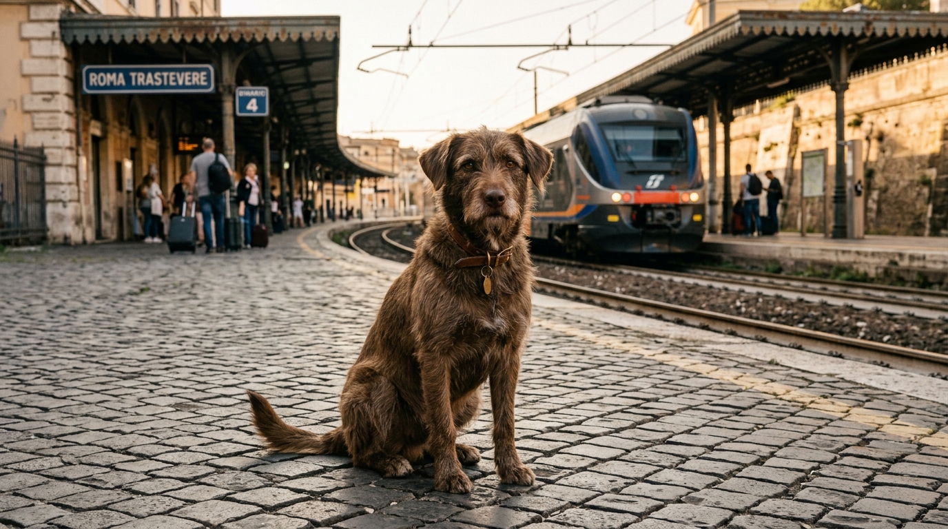 Un chien fidèle attend près des rails d'une gare en Italie