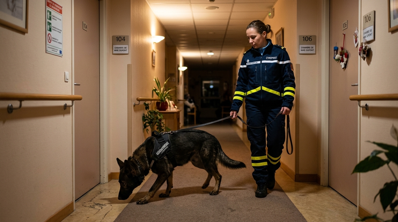 Chien de recherche de la gendarmerie française flairant une piste dans les couloirs d'une résidence.