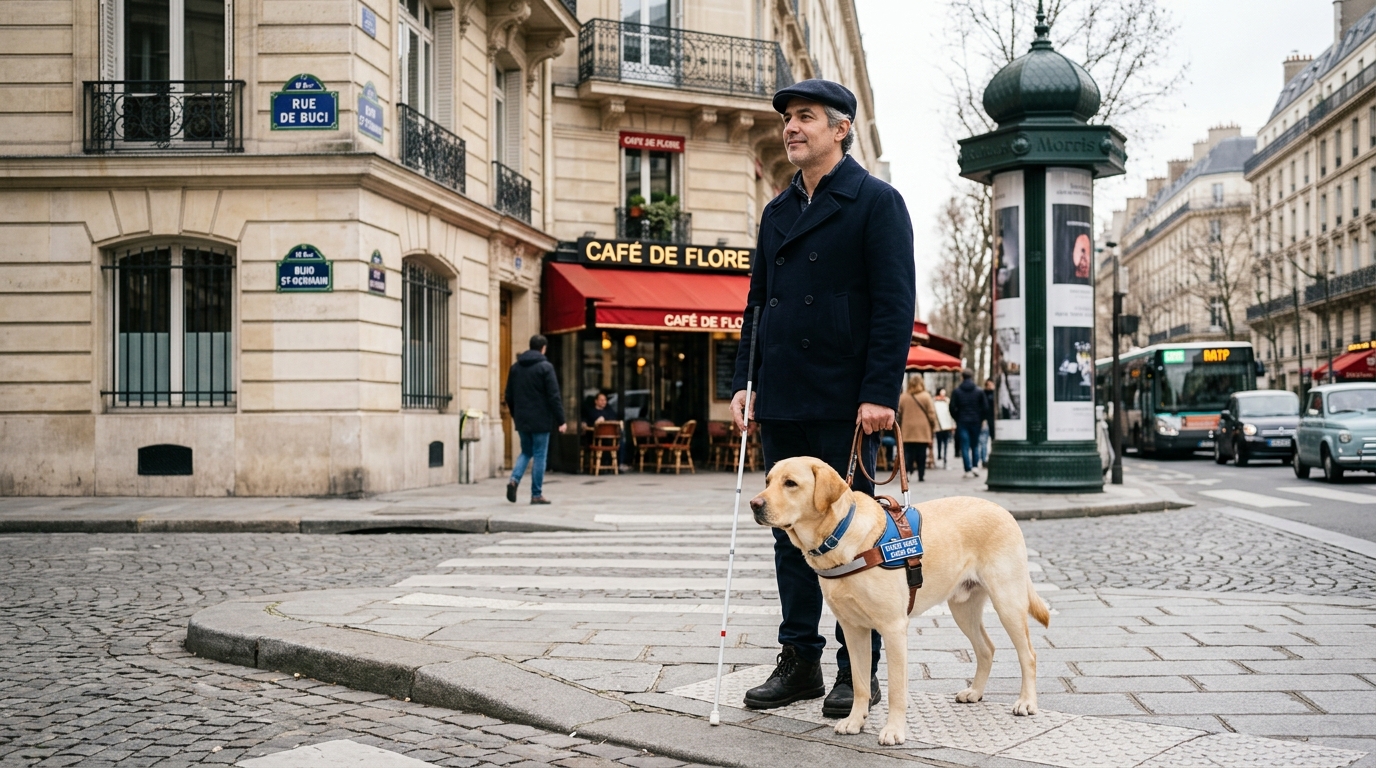 Un chien guide d'aveugle assis fidèlement à côté de sa maîtresse sur un trottoir parisien