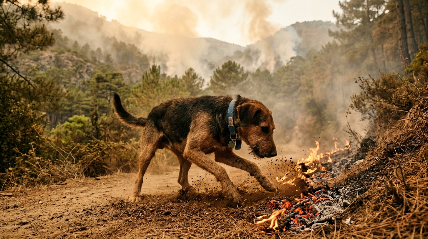 Un chien grattant la terre avec ses pattes près d'un incendie de forêt en Algérie.