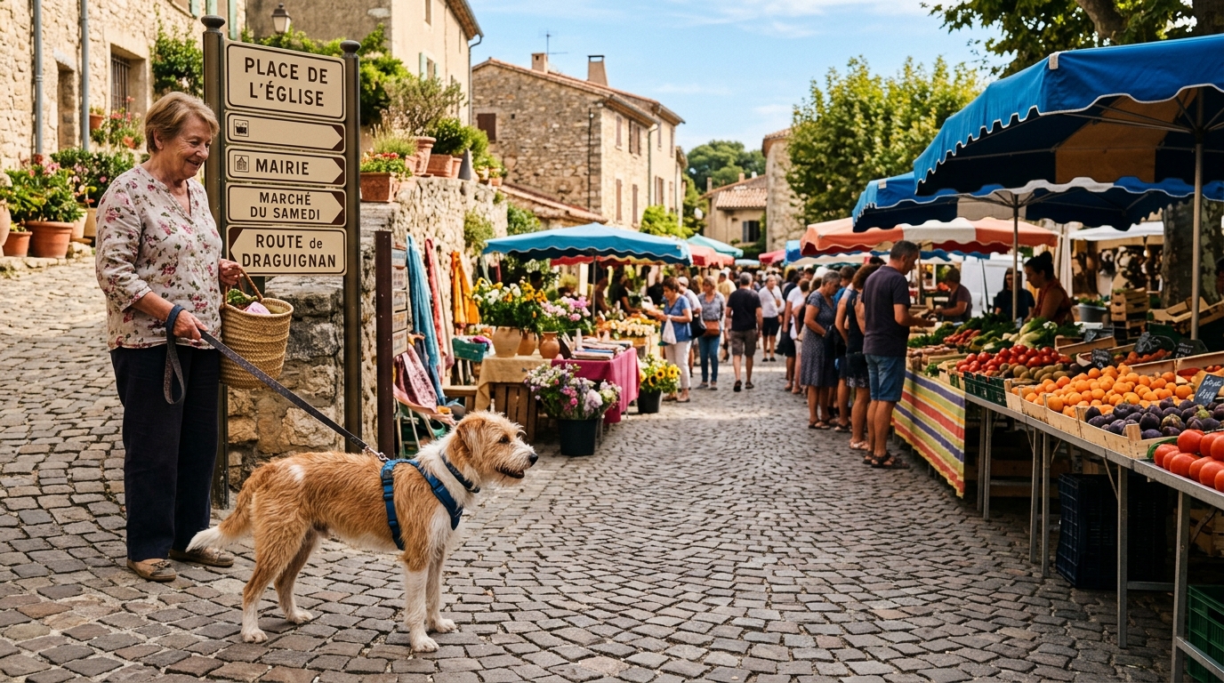 Un chien tenu en laisse à l'entrée d'un marché provençal en France