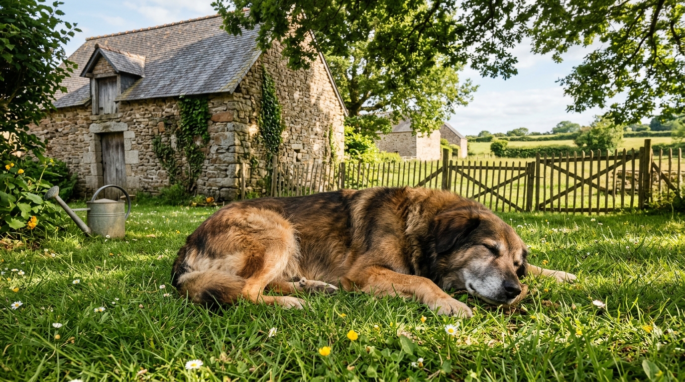 Un grand chien assis sereinement dans un jardin verdoyant près d'une ancienne étable en pierre.