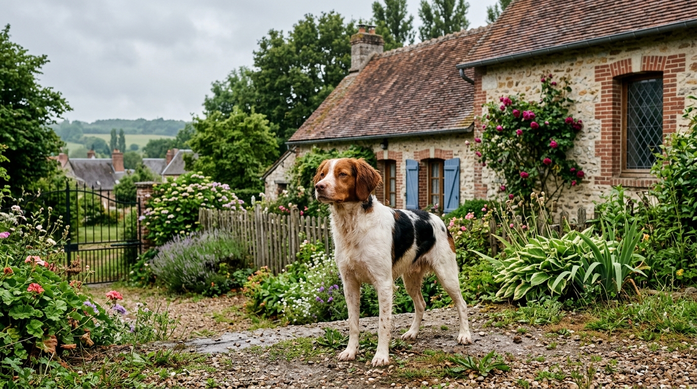 Un chien attentif se tenant dans le jardin d'une maison de village dans la Somme.