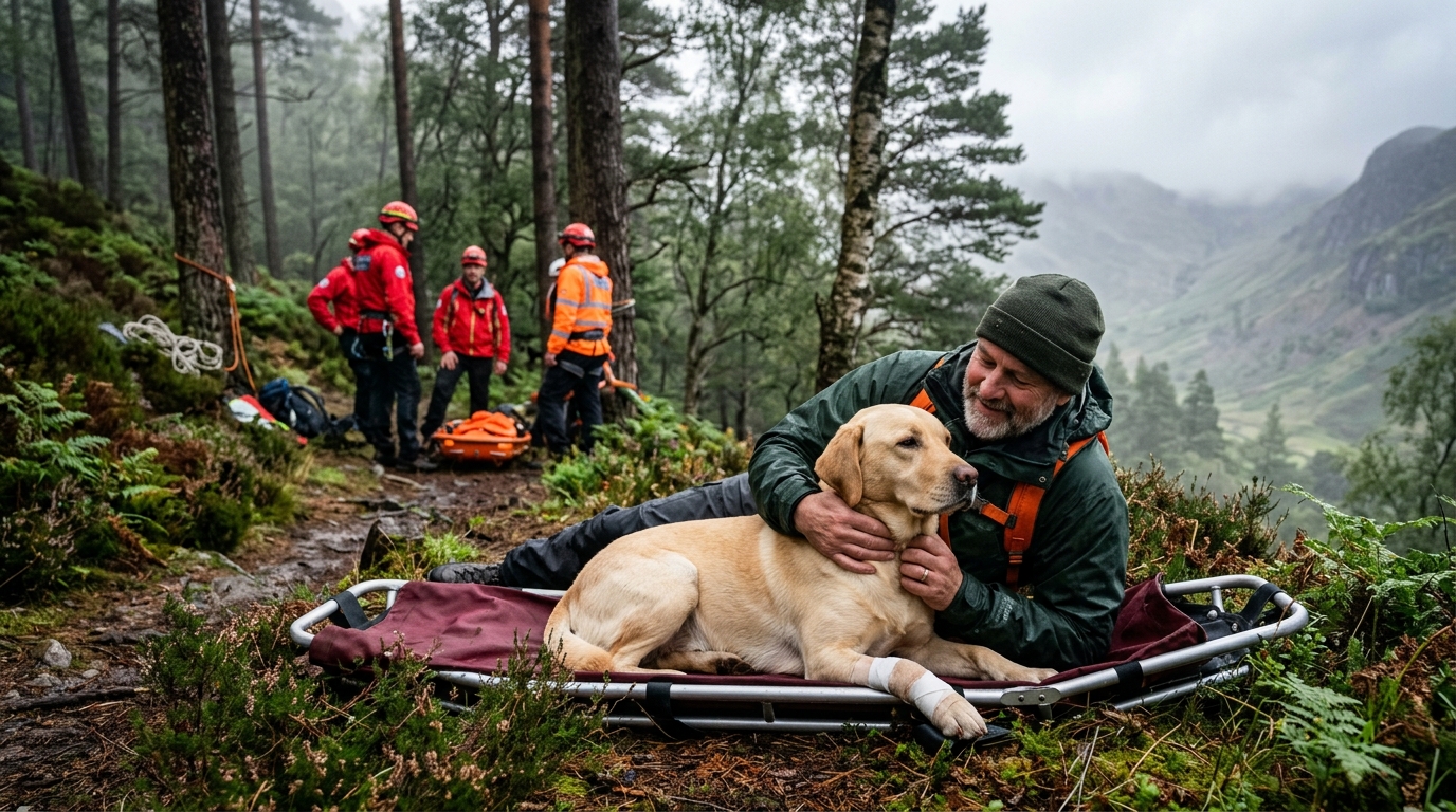 Un maître allongé à côté de son Labrador blessé sur une civière de secours en montagne.