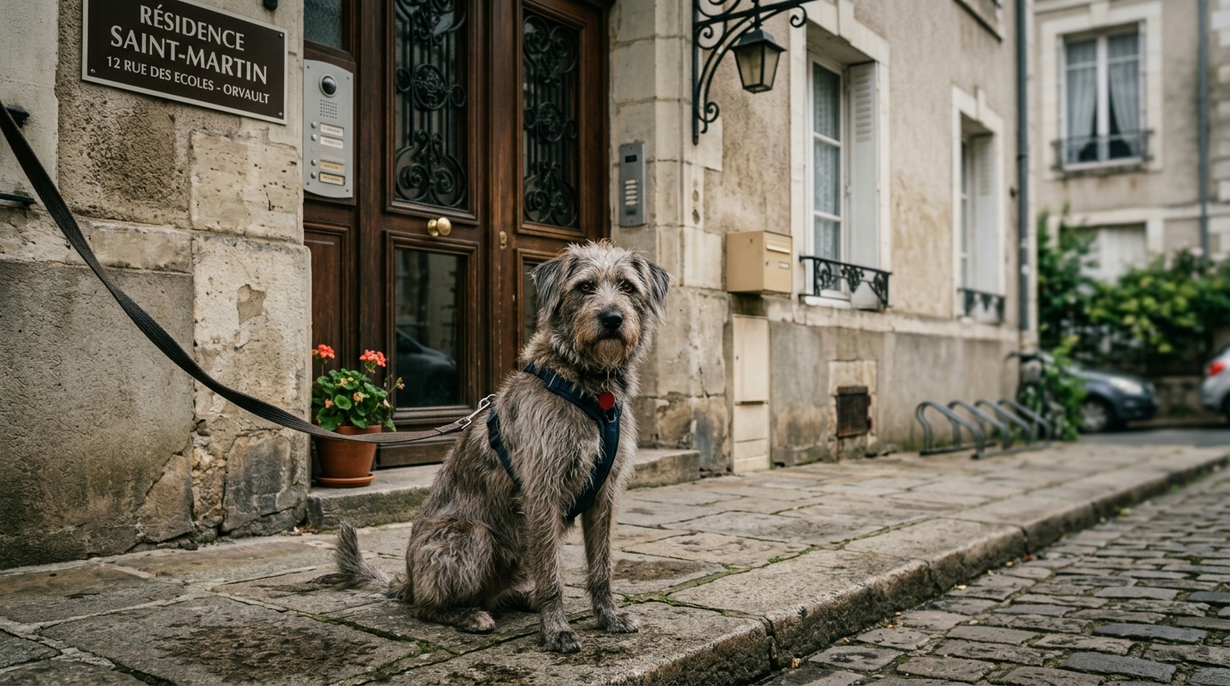Un chien tenu en laisse au pied d'un immeuble en France.