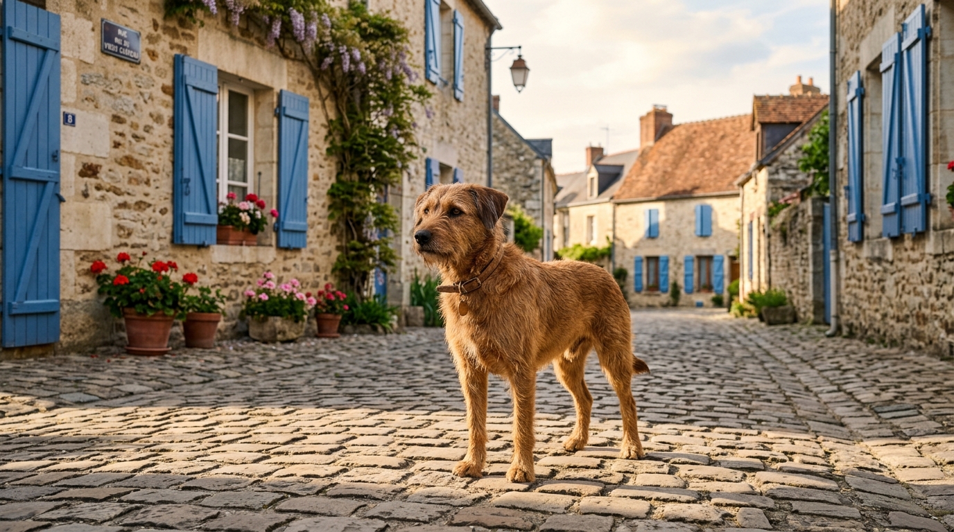 Un chien marron se promène dans une rue calme d'un village de la Sarthe
