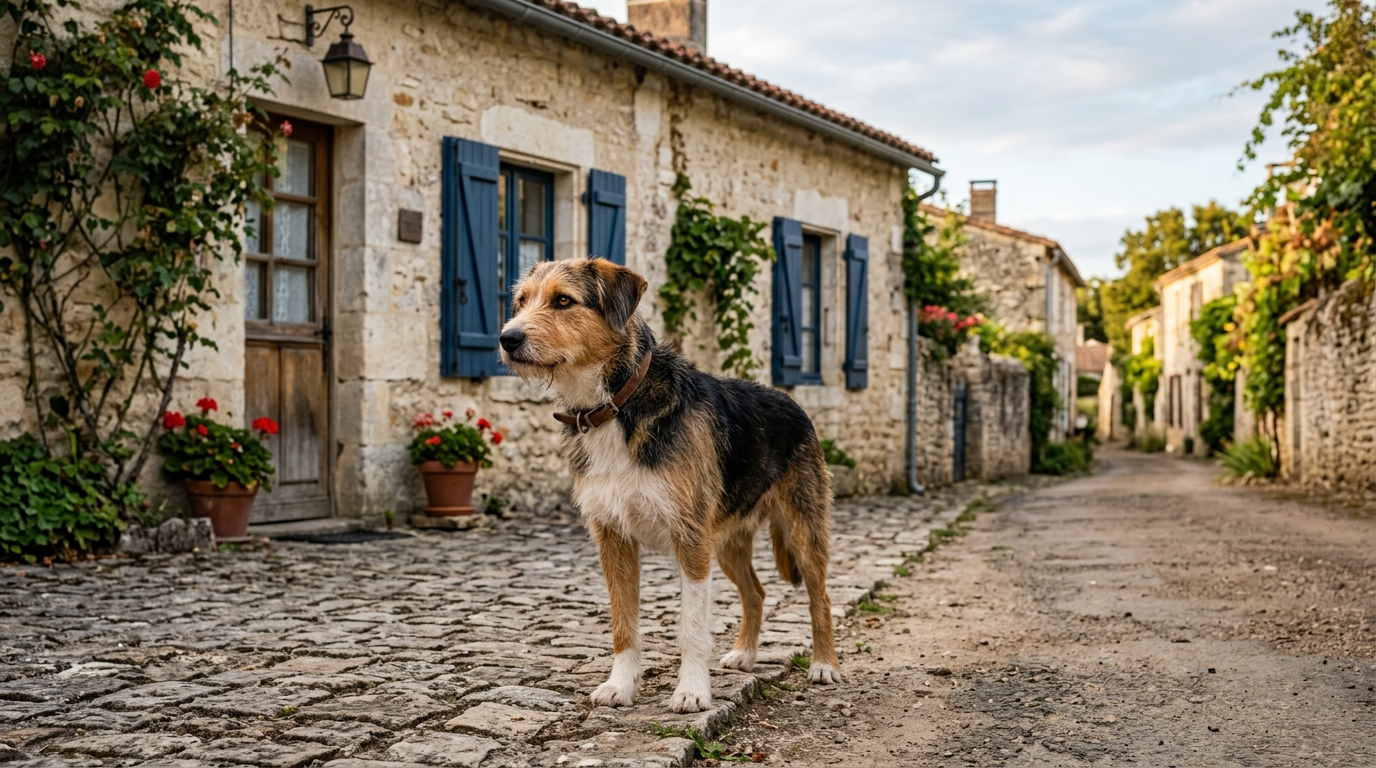 Un chien de taille moyenne dans une cour rurale d'un village français