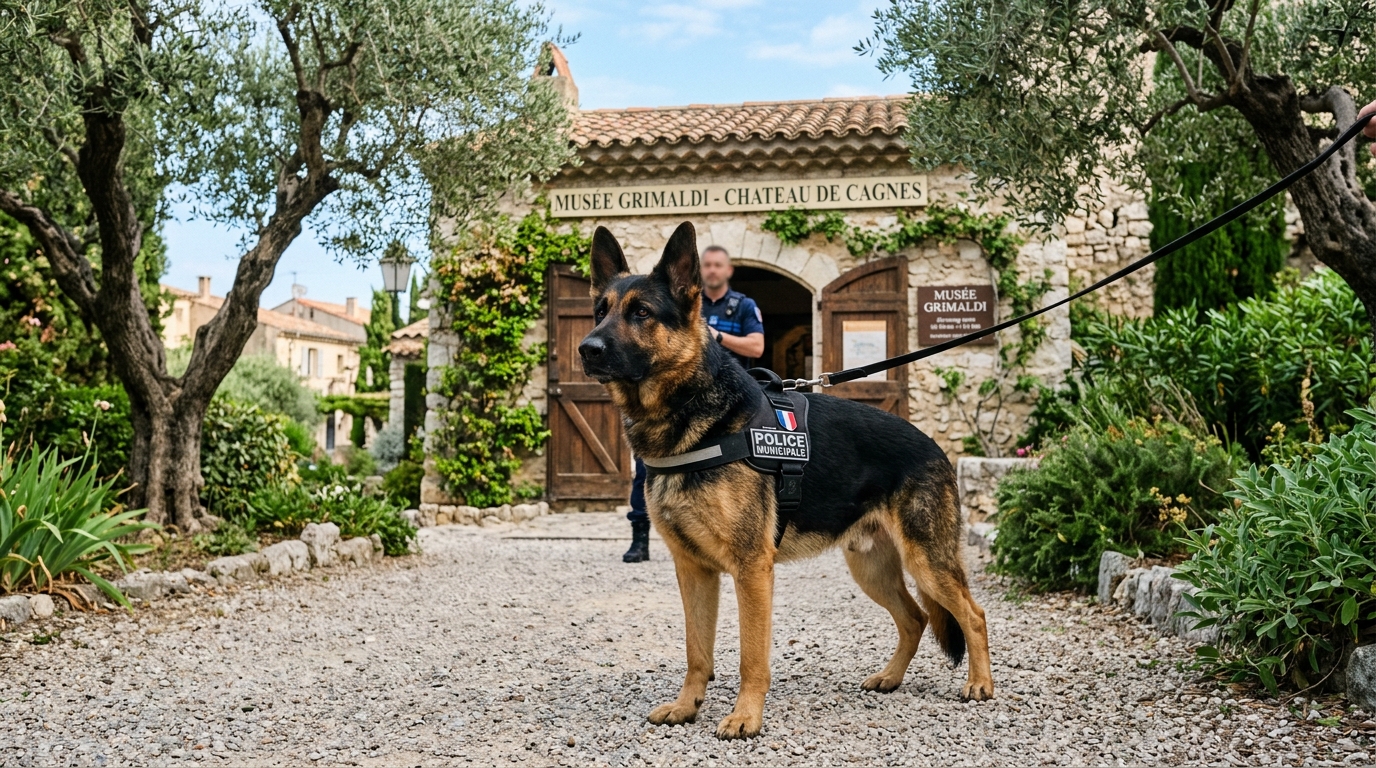 Un chien de la police municipale vigilant devant l'entrée d'un musée en France