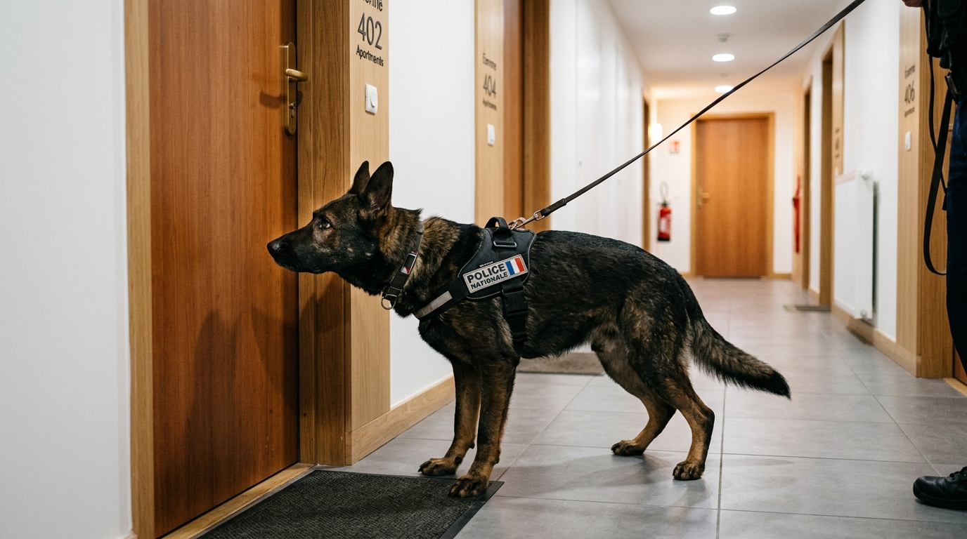 Un chien policier berger allemand dans le couloir d'un immeuble en France