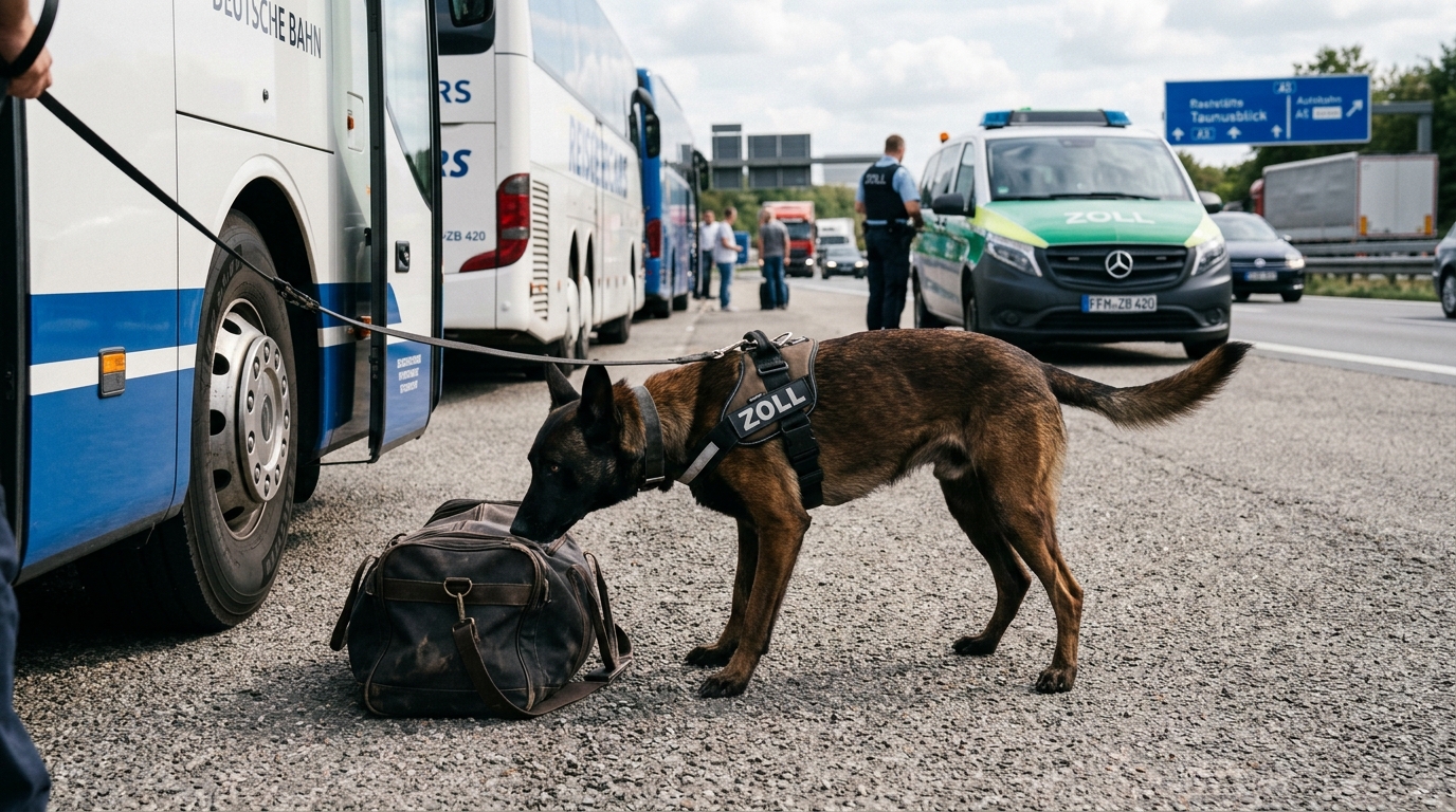 Un berger belge malinois de la douane inspectant des bagages lors d'un contrôle routier.