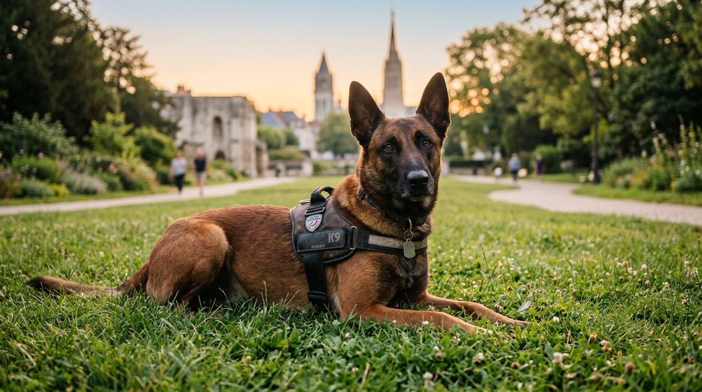 Un chien de berger policier assis paisiblement dans un parc à Rouen
