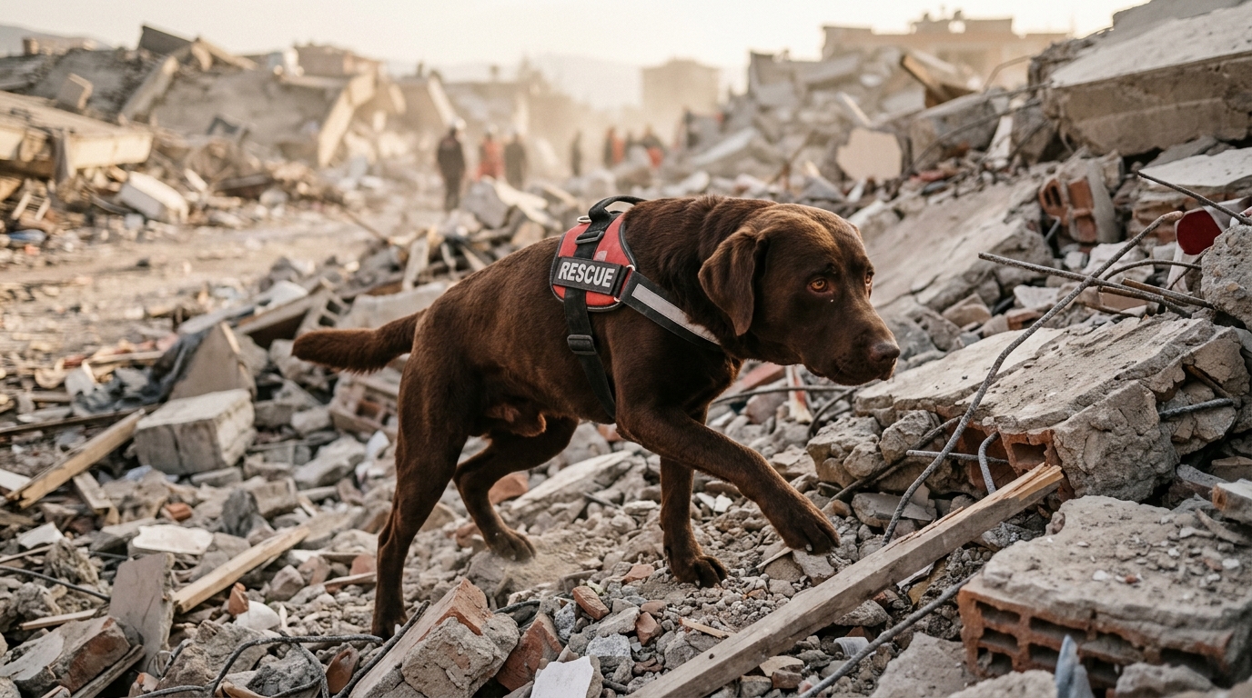 Chien Labrador chocolat de recherche et sauvetage au travail
