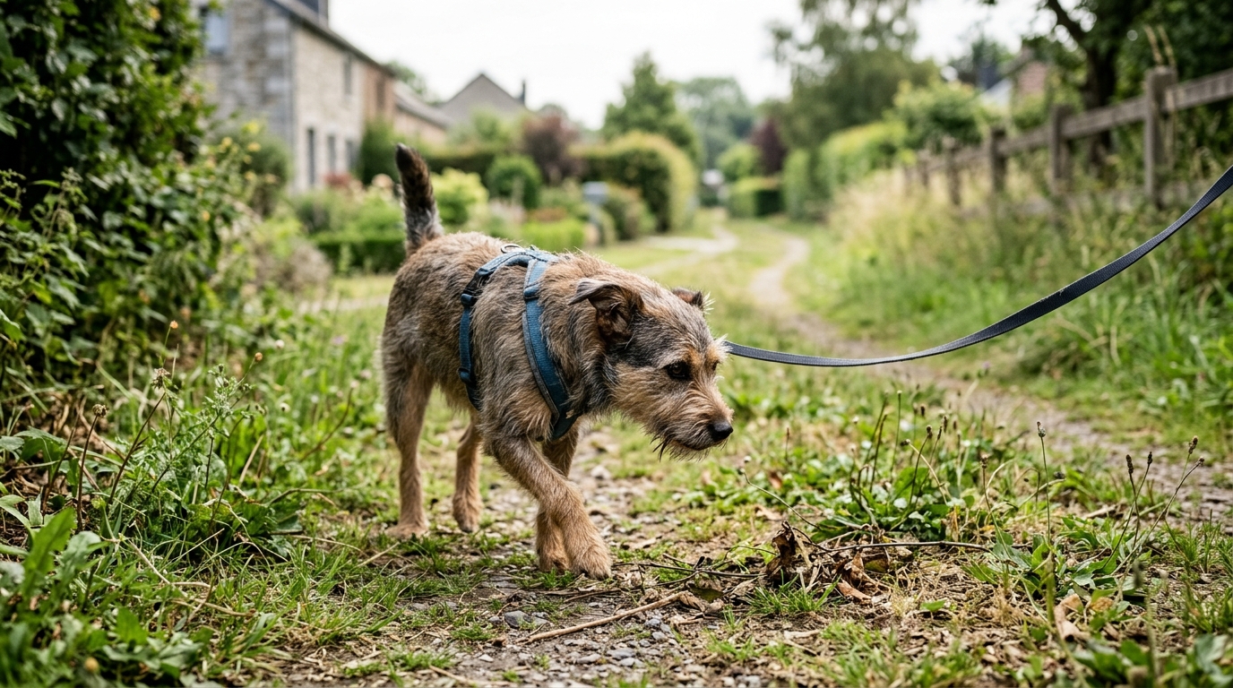 Un chien tenu en laisse marchant prudemment sur un chemin d'herbe près d'Awans.