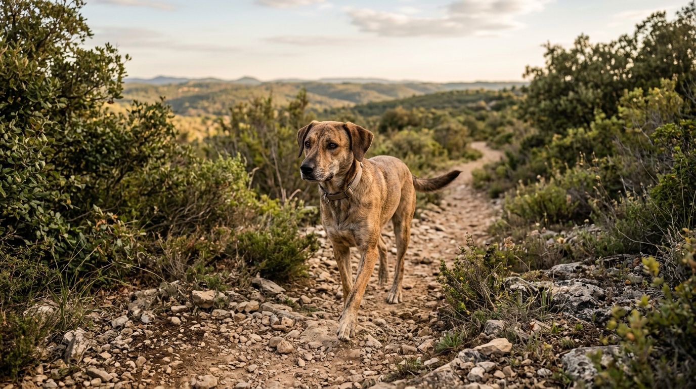 Un chien observant la nature sur un chemin de terre rocailleux dans la garrigue