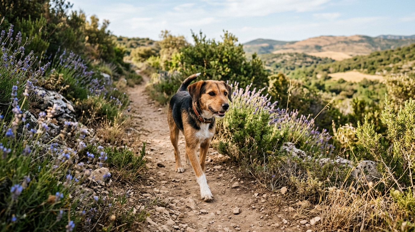 Un chien se promène tranquillement sur un sentier en pleine nature