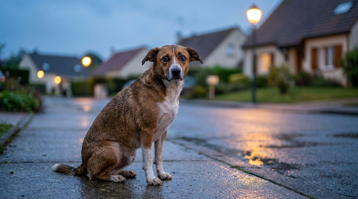 Un chien croisé tenu en laisse sur un trottoir dans une rue résidentielle en France.