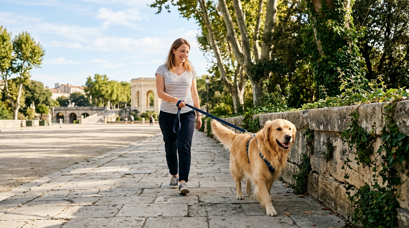 Un chien tenu en laisse se promène près des bordures en pierre d'un parc à Montpellier.