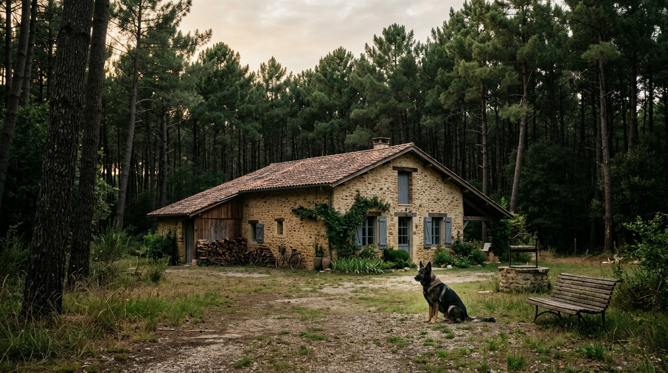 Un berger allemand assis dans le jardin d'une maison de campagne dans les Landes