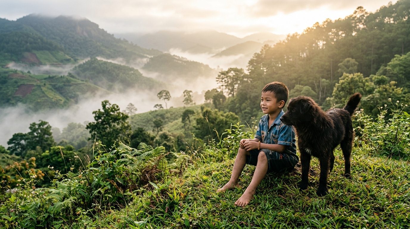 Un chien noir veille sur un petit garçon perdu dans les montagnes verdoyantes du Vietnam.
