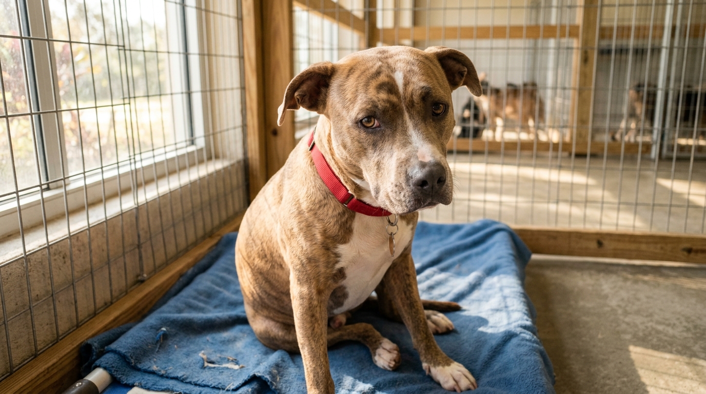 Chien croisé à l'air doux avec une marque en forme de cœur sur le front au refuge