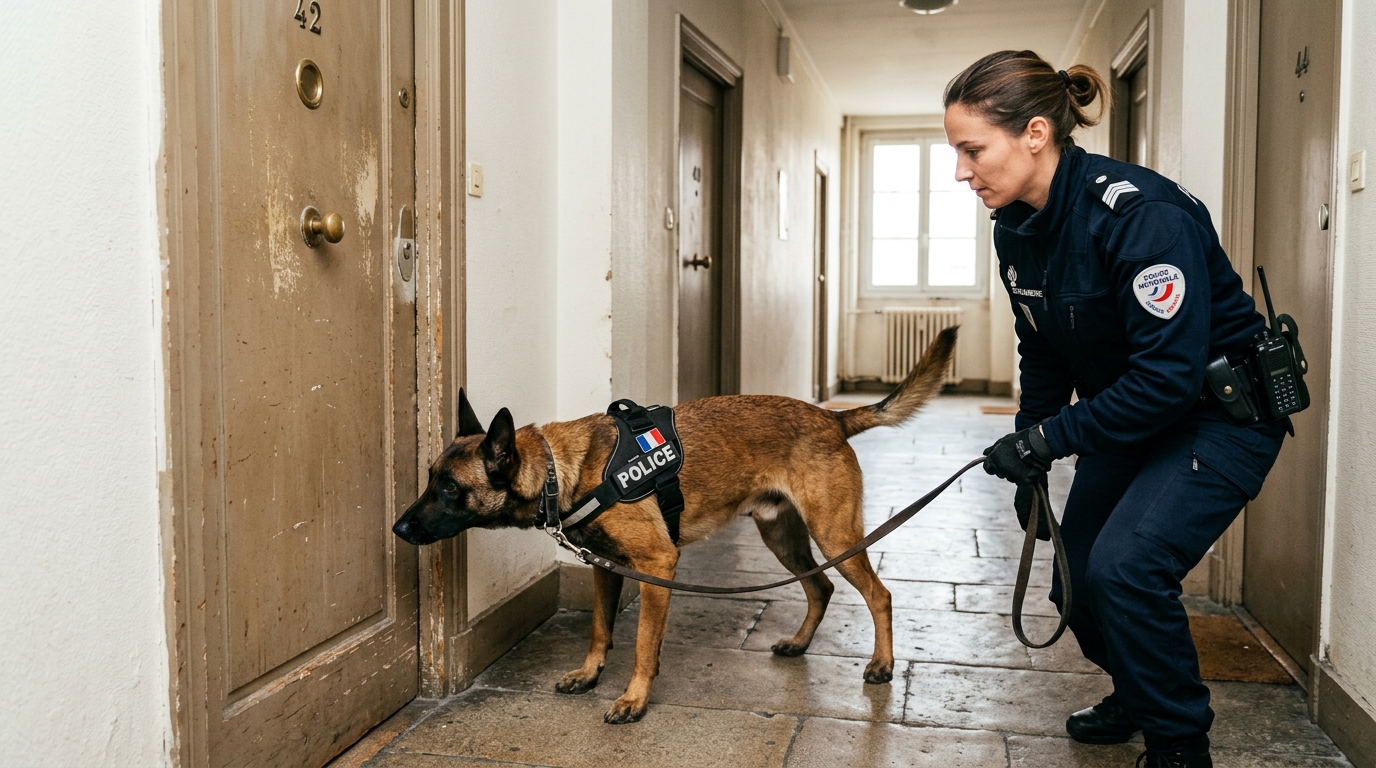 Un chien renifleur de la police nationale marquant devant une porte en France