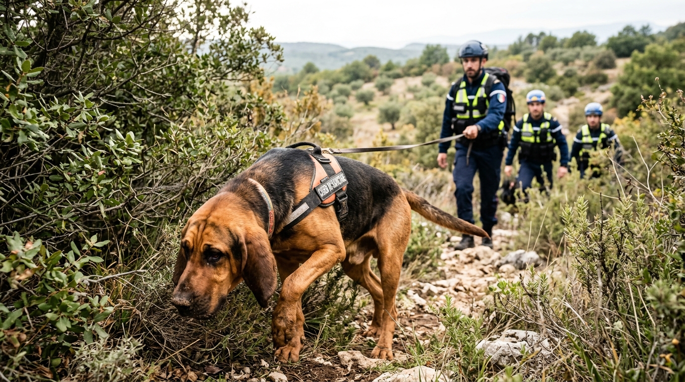 Un chien de recherche Saint-Hubert en action au milieu d'une végétation dense.