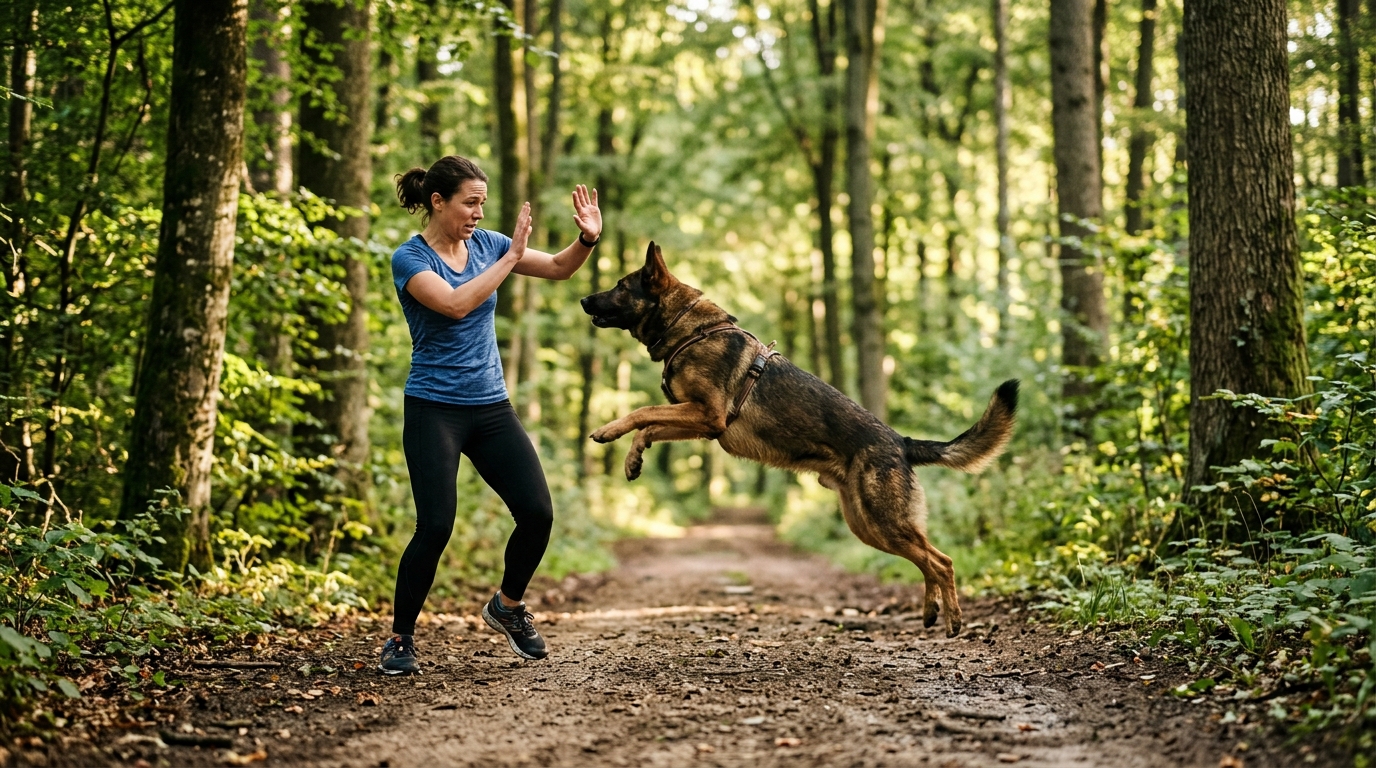 Un grand chien court librement sur un sentier en forêt au Luxembourg près d'un joggeur.