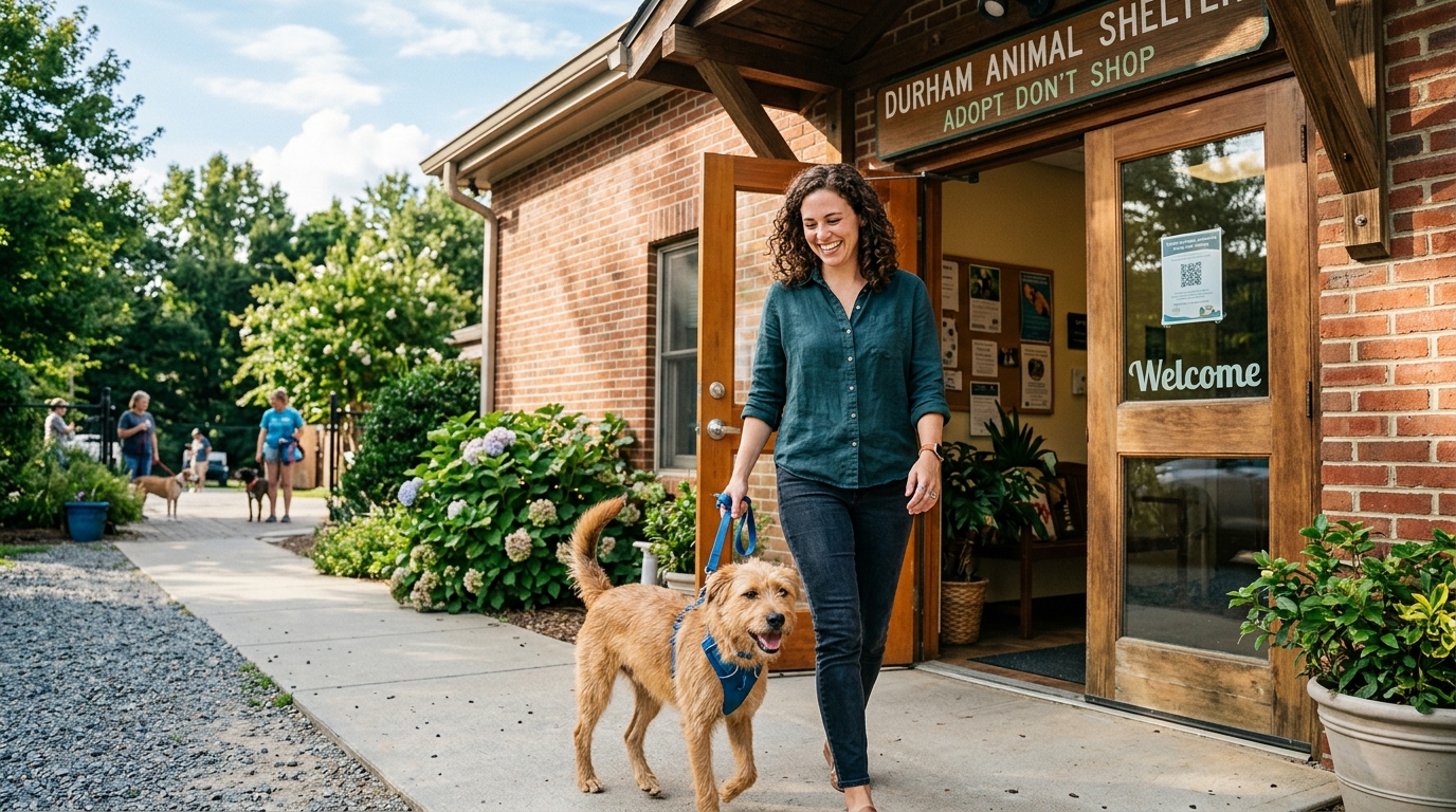 Un chien secouru quitte le refuge aux côtés de sa nouvelle maîtresse après son adoption.
