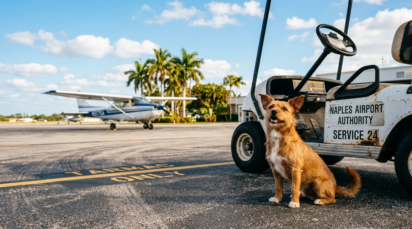 Un petit chien secouru sur le tarmac d'un aéroport en Floride.