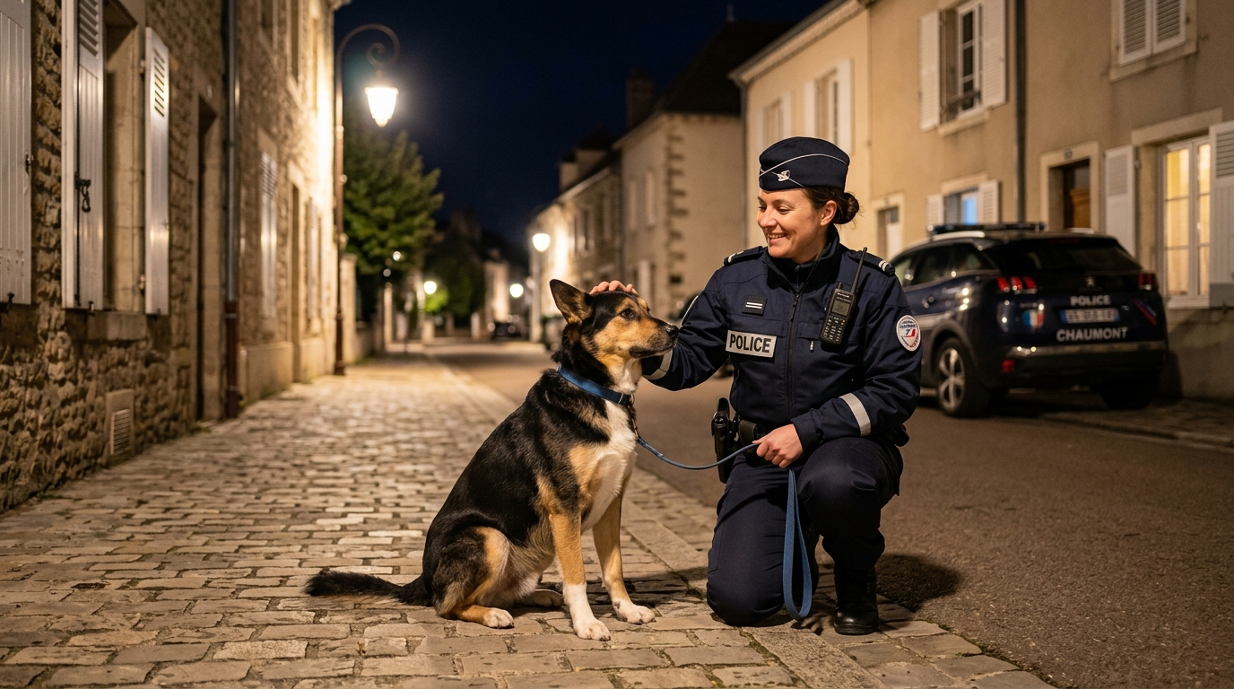 Un chien de famille auprès des policiers français dans une rue de Chaumont