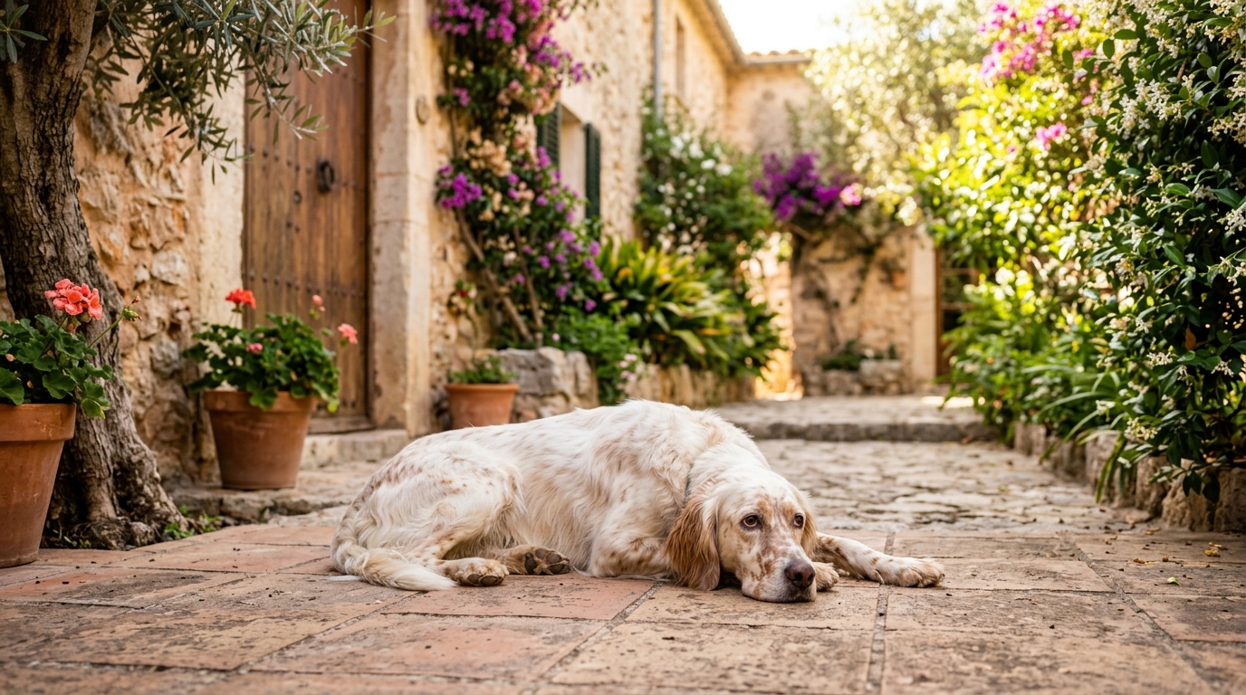 Un chien setter anglais rétabli se reposant au soleil à Majorque