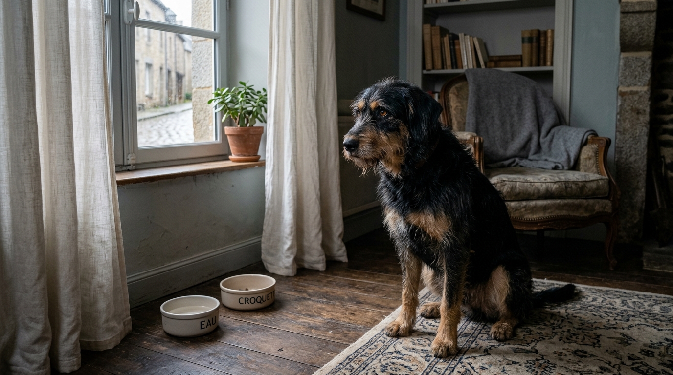 Illustration d'un chien seul assis près d'une fenêtre dans un appartement silencieux.