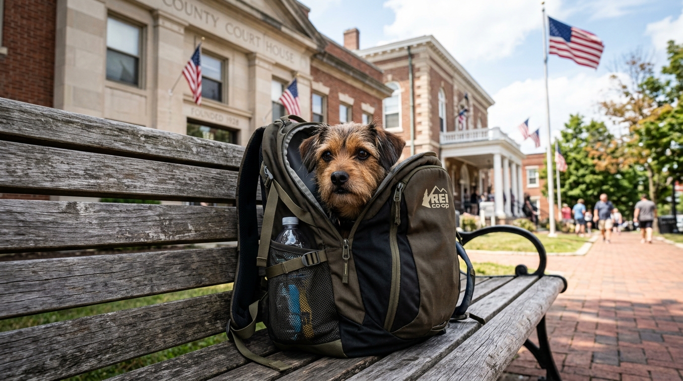 Un petit chien brun observant depuis un sac à dos de voyage.