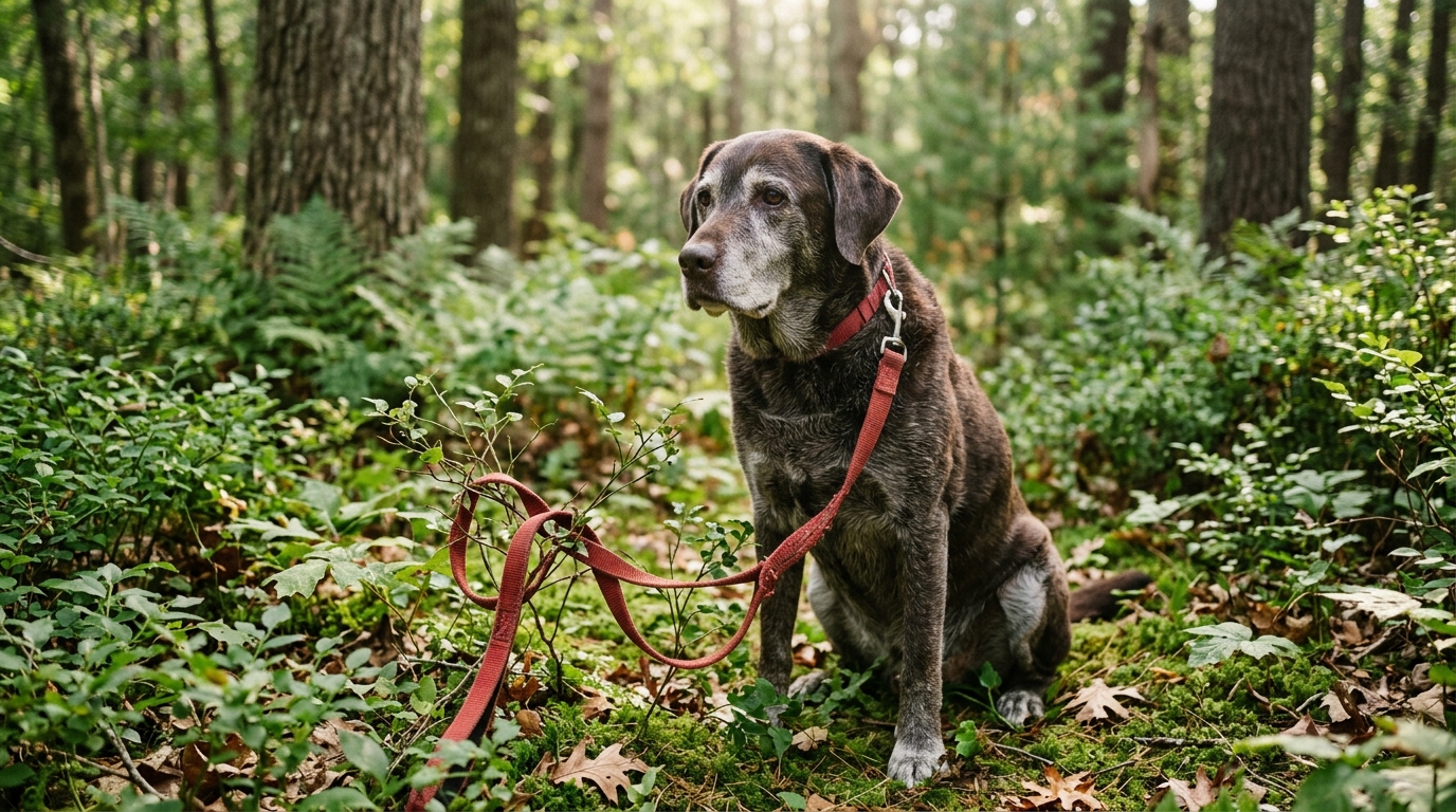 Un croisé Labrador senior assis dans un sous-bois verdoyant