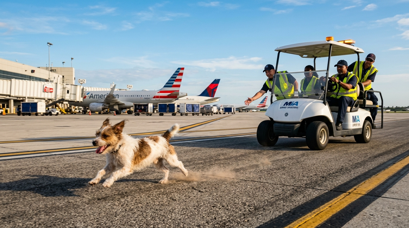 Un petit chien court sur le tarmac d'un aéroport entouré de véhicules de piste.