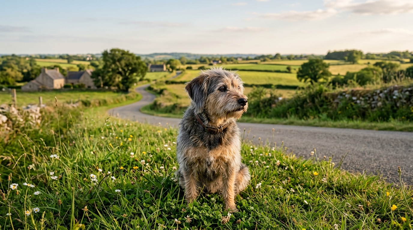 Un petit chien senior assis sereinement au bord d'une route de campagne en Bretagne.