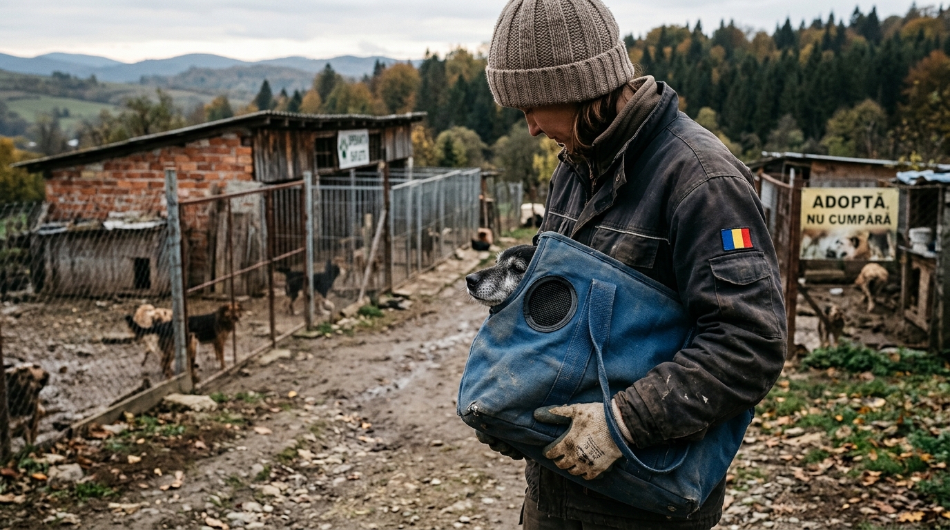 Une chienne senior prise en charge avec soin à l'entrée d'un refuge animalier en Roumanie.