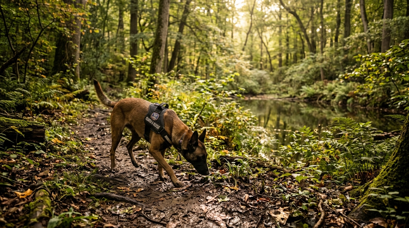 Une chienne berger belge de recherche flaire le sol dans une forêt dense près d'un étang.