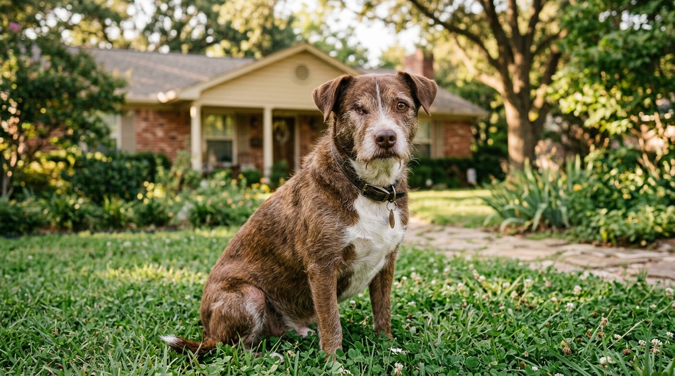 Une chienne croisée borgne se repose paisiblement dans un jardin ensoleillé au Texas.