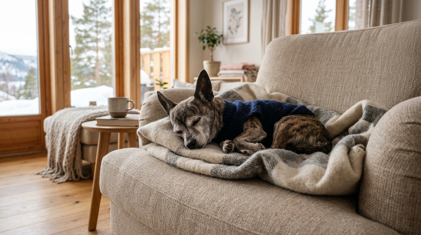 Une petite chienne croisée Chihuahua se repose paisiblement dans un salon chaleureux.